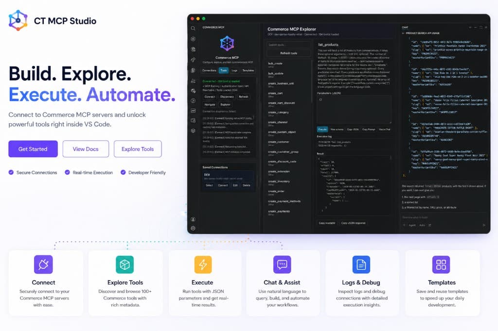 Commercetools MCP Plugins — connect, explore, execute, and automate Commerce MCP tools in VS Code